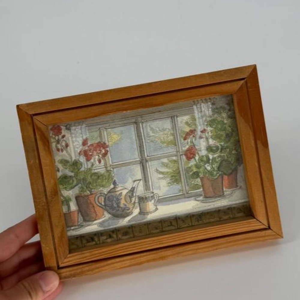 Vintage 1970s Framed Painting Window Scene Potted Plants 7x5 Wood Frame